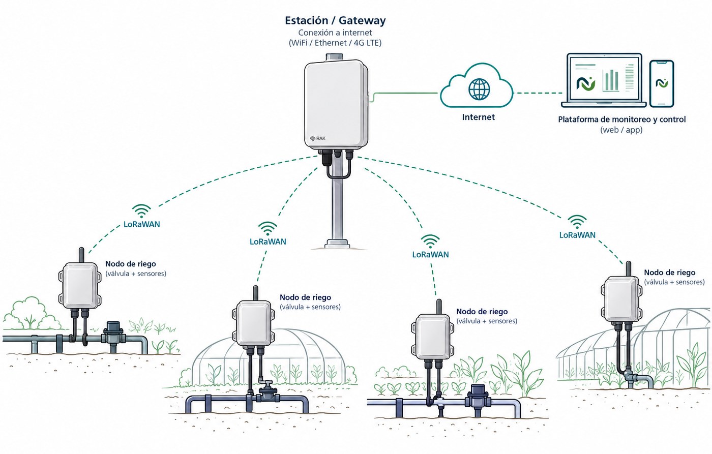 Esquema de acceso conectado: el gateway se conecta a internet y a la plataforma web y móvil, y se comunica por LoRaWAN con los nodos de riego